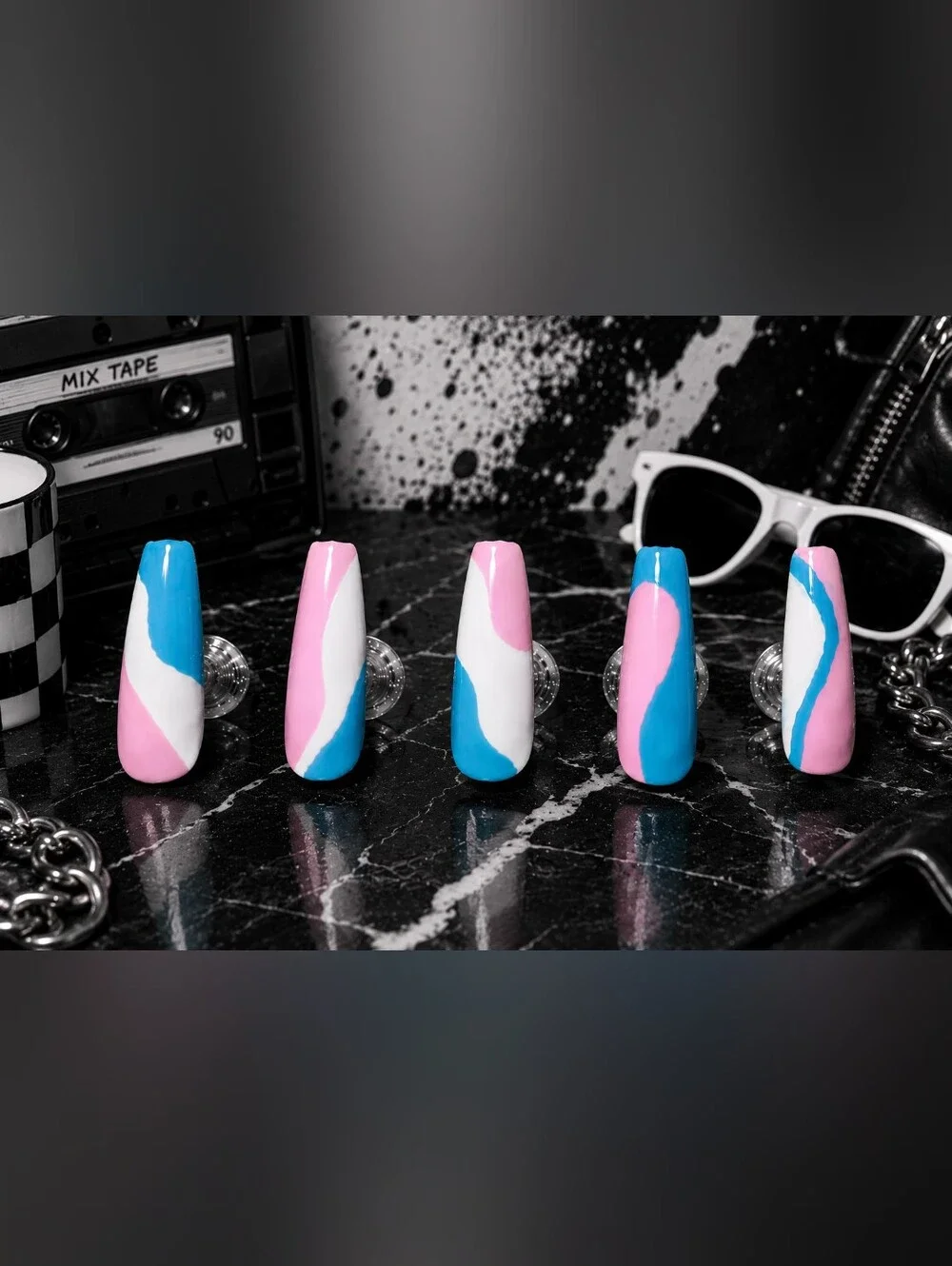 Pink, Blue And White Color Block Nails